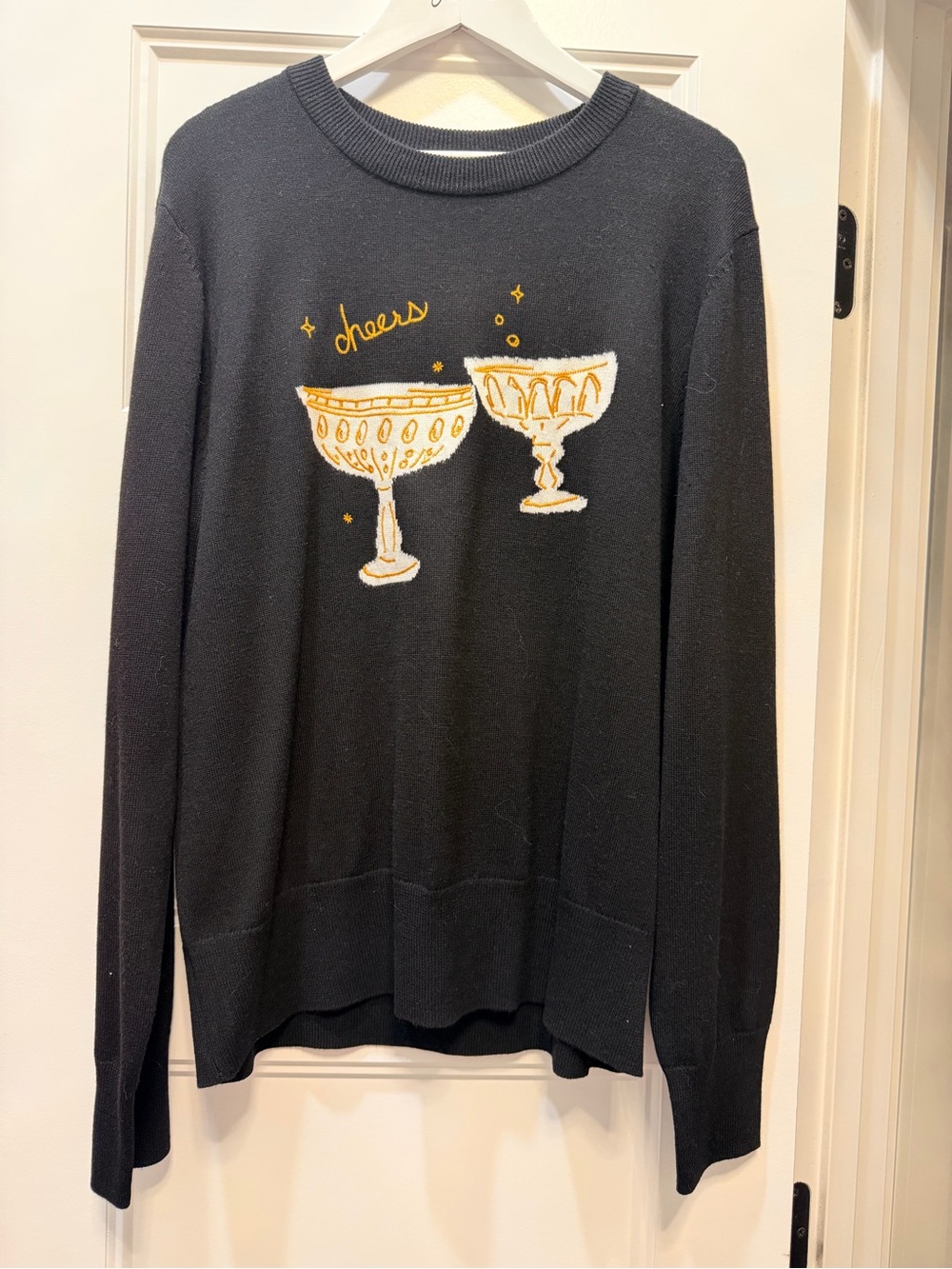 Alex Marie Black Sweater with Gold Champagne Glass Embroidery NWT